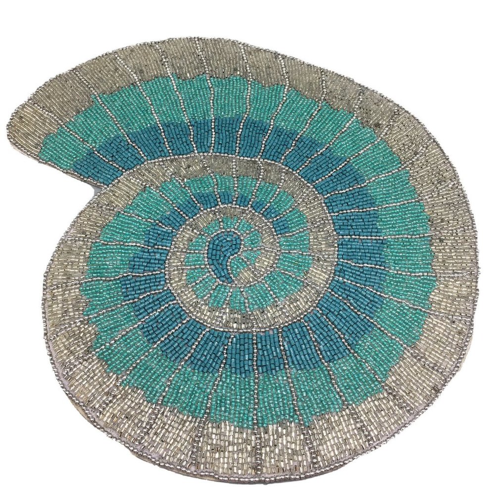 x2 Coastal Collection Beaded Abalone Shell Placemat Set Ocean Blue Silver Beach